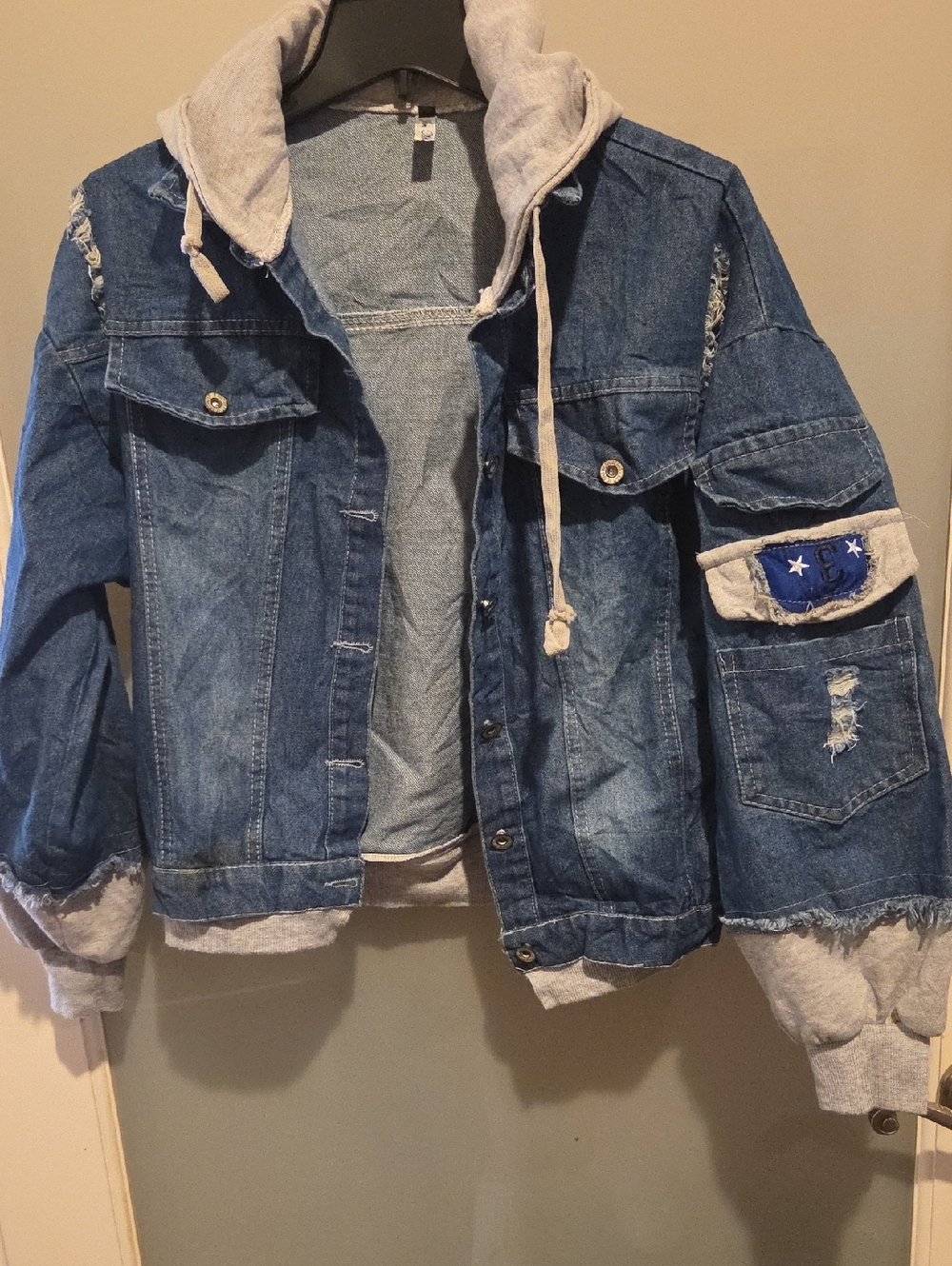 Denim Hooded Jean Jacket with Grey Hood